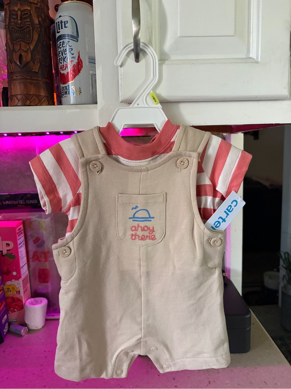 Carter's Beige Shortalls with Pink & White Striped Tee